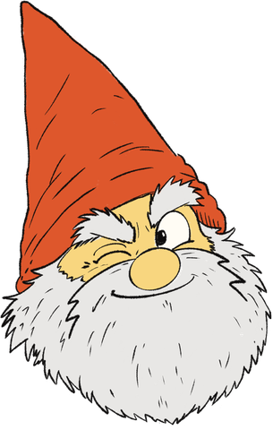 Albert, a winking gnome in a tall orange hat