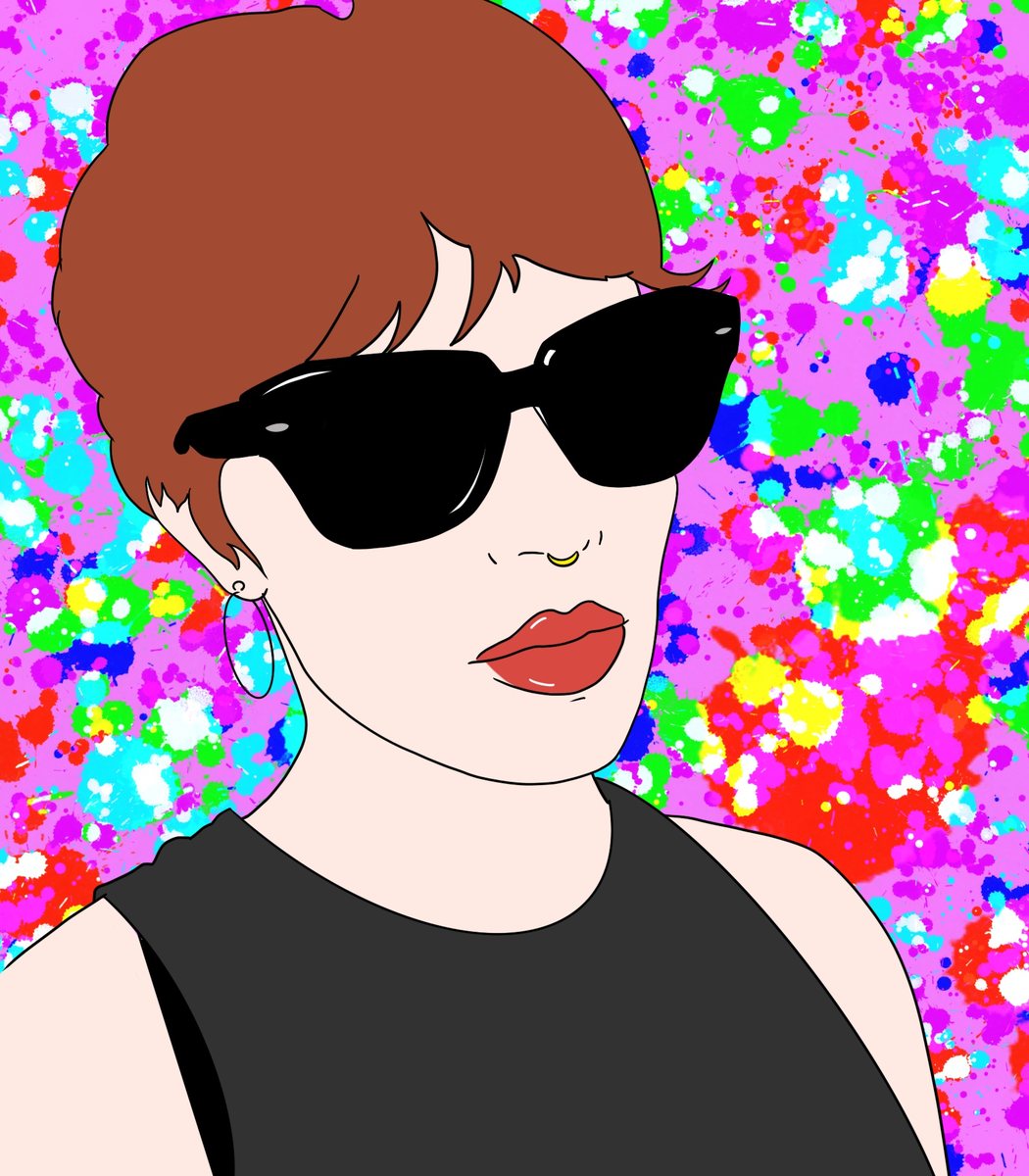 Digital illustration of a woman in sunglasses against a paint-splatter background